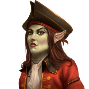 Calisro Benarry, a female half-orc corsair in a red jacket and black tricorn hat, leader of the Horizon Hunters.