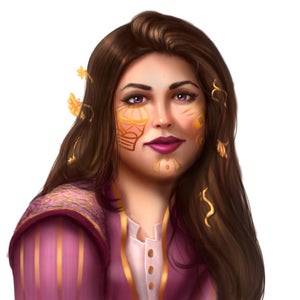 Valais Durant, a female aasimar with purple silk garments and striking patterns of gold playing across her face, leader of the Radiant Oath.