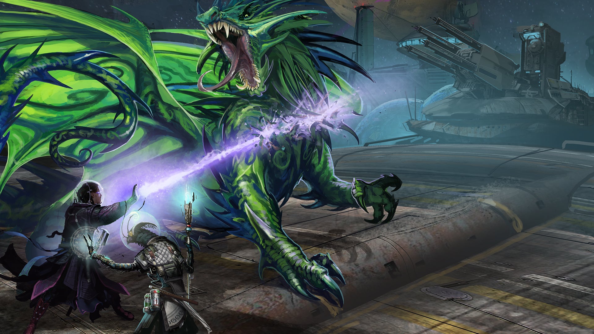 Iconics, Navasi and Keskodai, both wearing space suits and helmets, battle a large green dragon-like alien.  