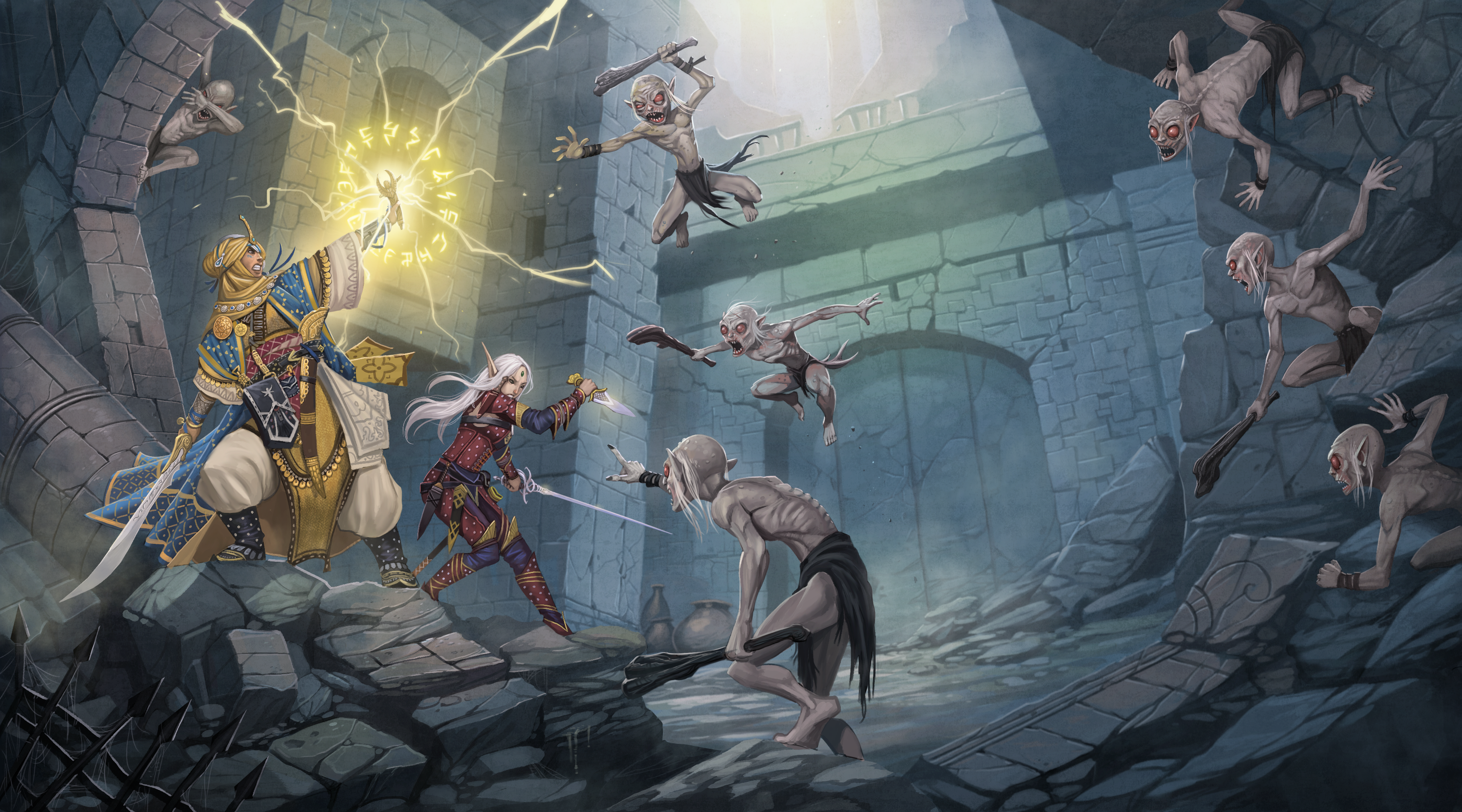 Pathfinder Iconics  kyra and merisiel battling their way out of a dungeon against a small hoard of Morlocks